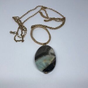 GOLD tone chain large natural stone/gemstone pendant necklace extra long.
